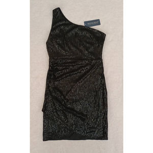 New ANNA-KACI One Shoulder Black Sequin Asymmetric Womens L Mini Dress